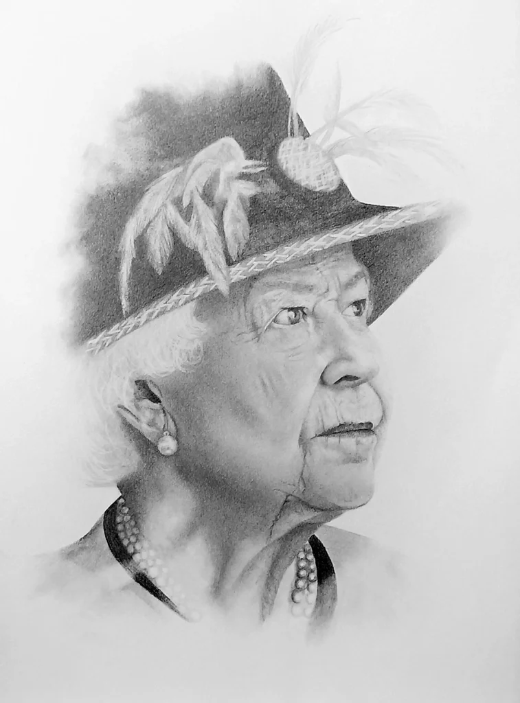 Retrato de la reina Isabel II, en grafito, tamaño A3